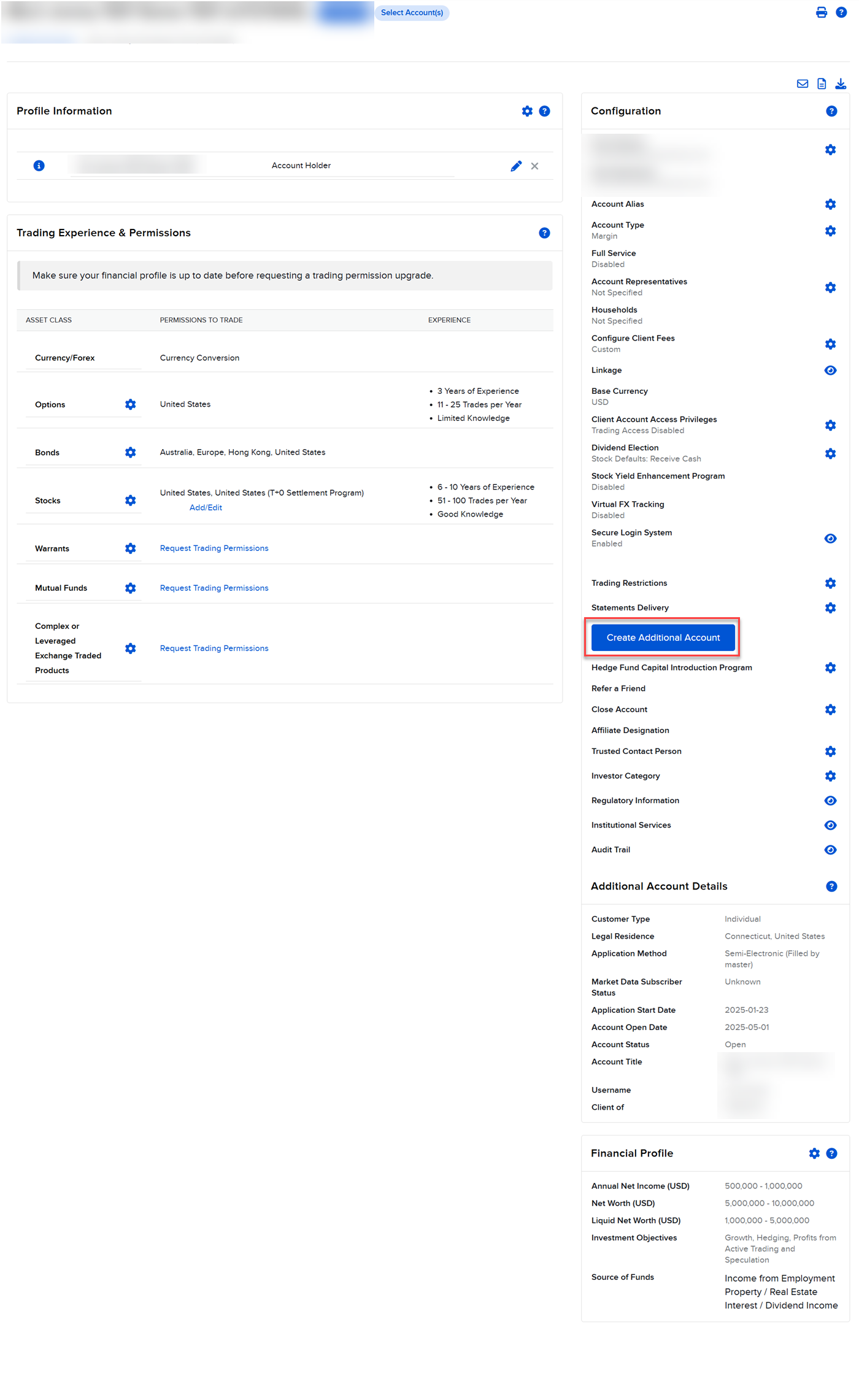 Image of the create additional account details panel in portal. 